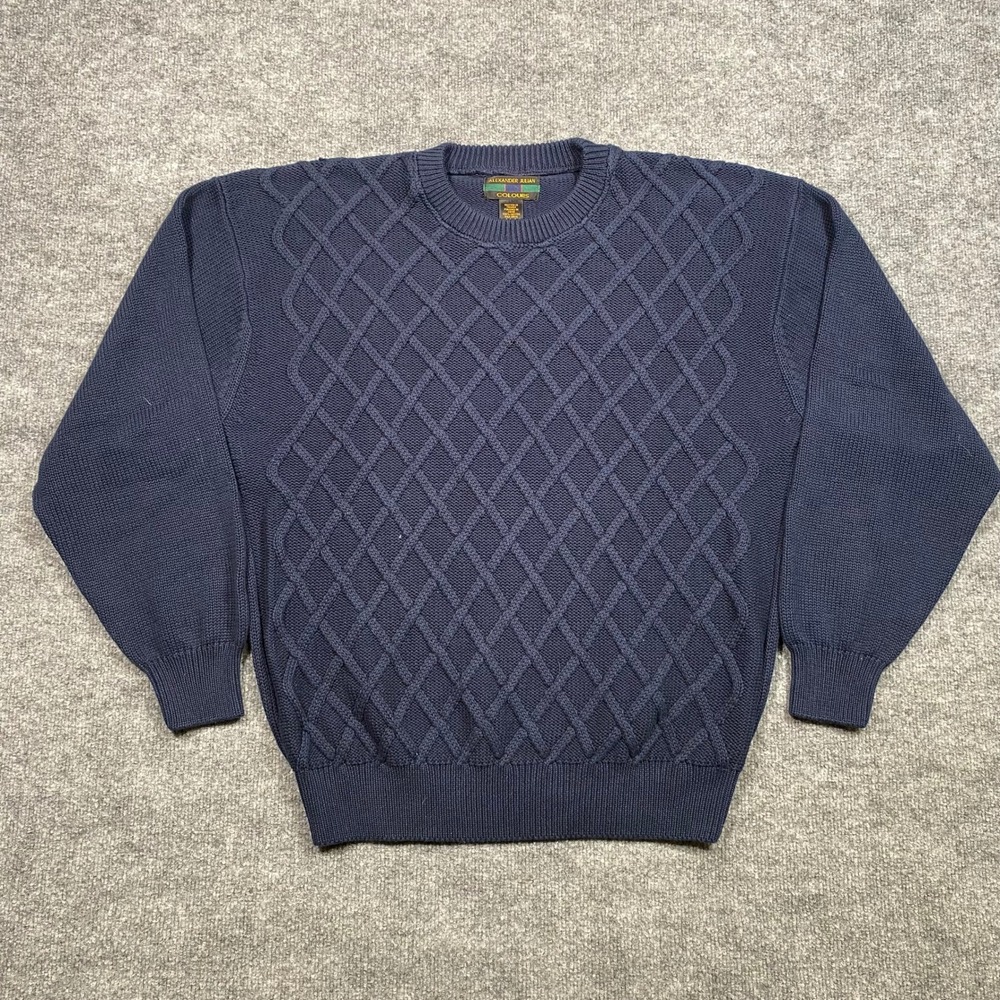 Alexander Julian Colours Mens Navy Blue Diamond Cable Knit Cotton Sweater Medium